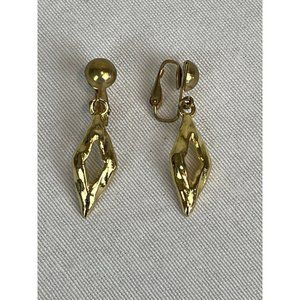 Vintage Gold Tone Clip On Earrings Diamond Shaped Dangle Drop 80s 90s